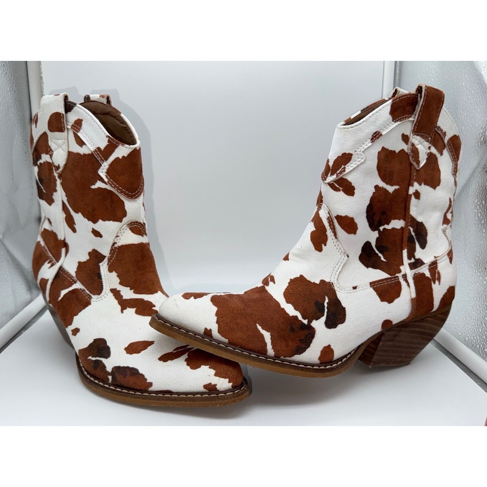 Arider Girl Cow Print Western Ankle Boots Brown White Pointed Toe Size 7.5